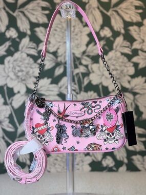 Ed Hardy Pink Tattoo Print Shoulder Crossbody Bag with Charms NWT